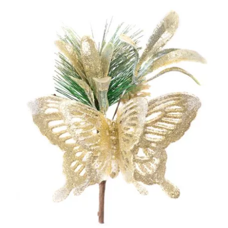 MagicHome karácsonyi díszfaág pillangóval, arany színű, 18 cm