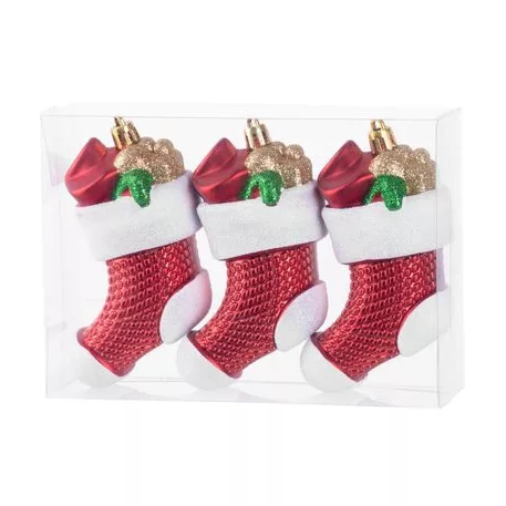 MagicHome karácsonyi dísz, készlet, 3 db, 11 cm, piros zokni, karácsonyfára