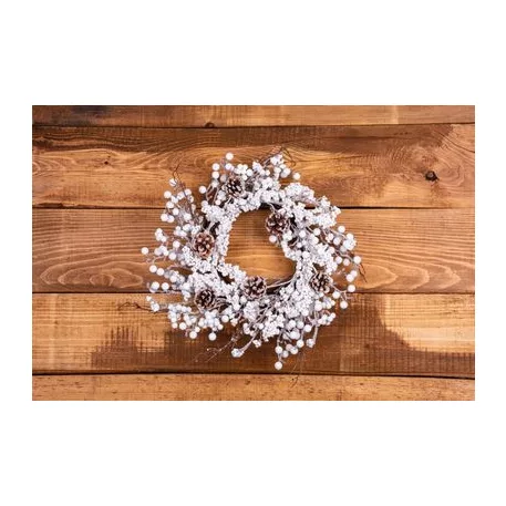 MagicHome karácsonyi koszorú, havas, tobozokkal, 50 x 50 x 14 cm