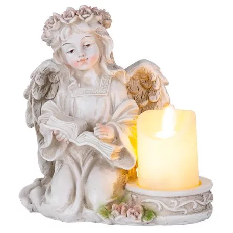 MagicHome dekoráció, angyal könyvvel és gyertyával, LED, poligyanta, sírra, 17,5 x 14,5 x 17,5 cm
