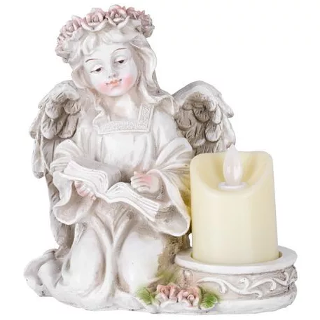 MagicHome dekoráció, angyal könyvvel és gyertyával, LED, poligyanta, sírra, 17,5 x 14,5 x 17,5 cm