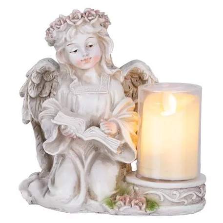 MagicHome dekoráció, angyal könyvvel és gyertyával, LED, poligyanta, sírra, 17,5 x 14,5 x 17,5 cm