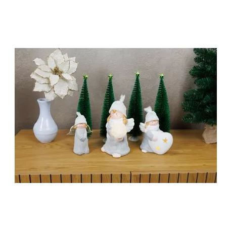 MagicHome karácsonyi szobor, Angyal hógolyóval, LED, terrakotta, 13,5 x 13 x 20 cm