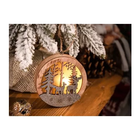 MagicHome karácsonyi dekoráció, Szarvas gömbben, LED, felfüggeszthető, MDF, 8,5 x 2 x 8,5 cm