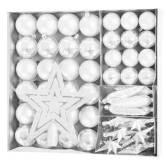   MagicHome karácsonyi gömbok, készlet, 50 db, 4-5 cm, fehér, csillag, füzér, toboz, karácsonyfára