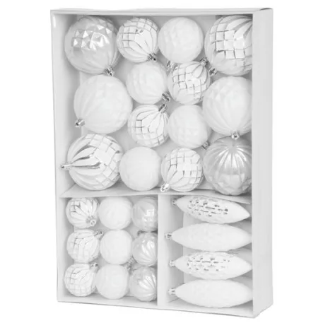 MagicHome karácsonyi gömbök, 31 db, 5-6-8-12 cm, fehér-ezüst