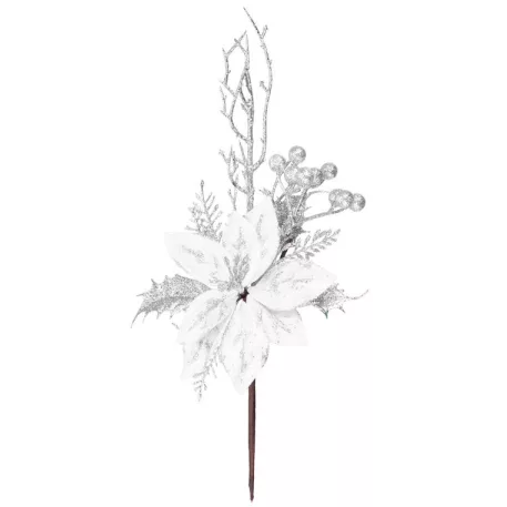 MagicHome karácsonyi ág virággal, ezüst, 27 cm