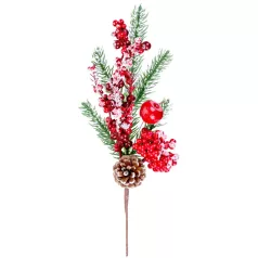   MagicHome karácsonyi ág, bogyókkal és tobozokkal, piros, havas, 32 cm