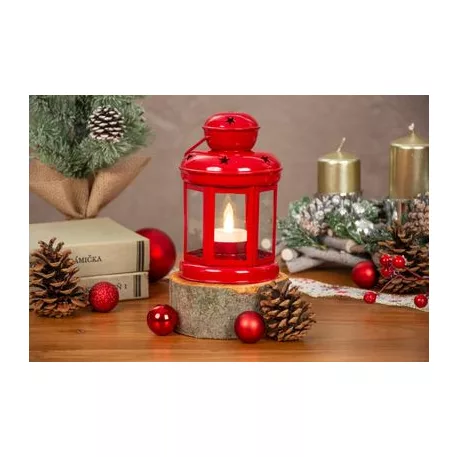 Lámpás MagicHome Karácsony, piros, LED gyertyával meleg fehér, 10x15/20 cm