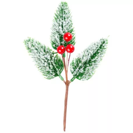 Ág MagicHome Karácsony, természetes, bogyókkal, havas, 18 cm