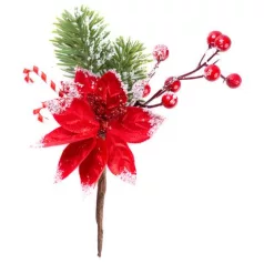   Ág MagicHome Karácsony, virággal és bogyókkal, havas, 20 cm