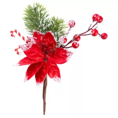 Ág MagicHome Karácsony, virággal és bogyókkal, havas, 20 cm
