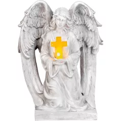   Dekoráció MagicHome, Angyal kereszttel, LED, polirezin, sírra, szolár, 23,5x19,5x30,5 cm