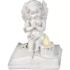   MagicHome dekoráció, Imádkozó angyal könyvön, LED, polirezin, sírhoz, 11,5x7,5x13,5 cm