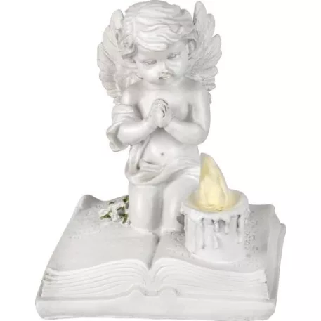 MagicHome dekoráció, Imádkozó angyal könyvön, LED, polirezin, sírhoz, 11,5x7,5x13,5 cm