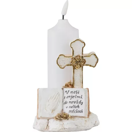 Dekoráció MagicHome, Kereszt gyertyával, LED, polirezin, sírra, 2xAA, 11,5x11,5x18 cm