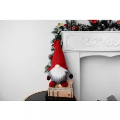   Figura MagicHome Karácsony, Rövid lábú manó, szövet, piros-szürke, 23x16x36 cm