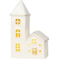 Dekoráció MagicHome, Ház templommal, LED, fehér, porcelán, 11,2x5,5x17,4 cm
