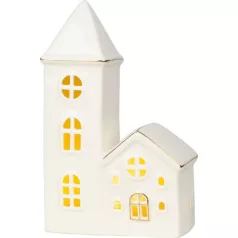   Dekoráció MagicHome, Ház templommal, LED, fehér, porcelán, 11,2x5,5x17,4 cm