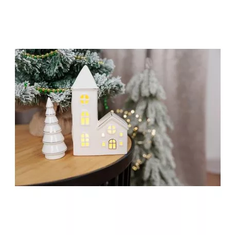 Dekoráció MagicHome, Ház templommal, LED, fehér, porcelán, 11,2x5,5x17,4 cm