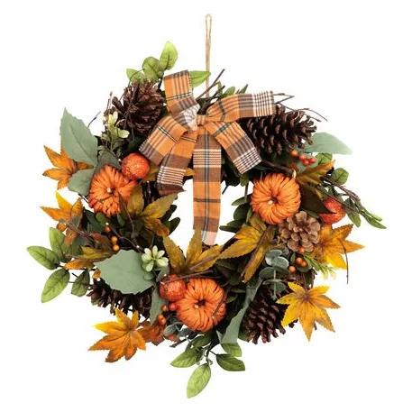 Koszorú MagicHome Nature, őszi, narancssárga, masnival, 35 cm