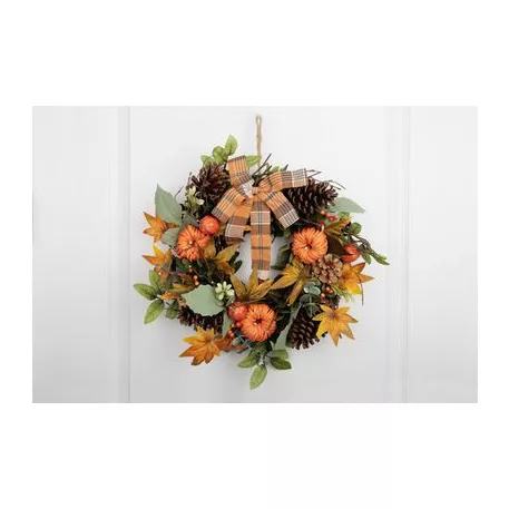 Koszorú MagicHome Nature, őszi, narancssárga, masnival, 35 cm