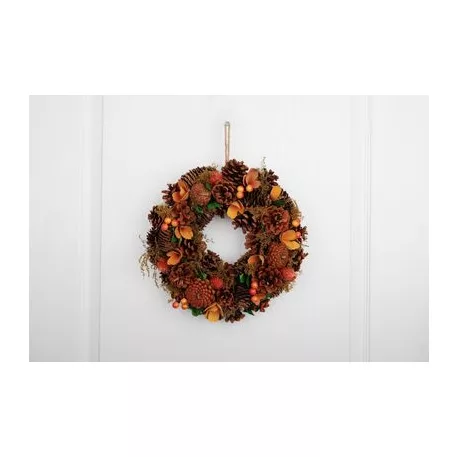 Koszorú MagicHome Nature, őszi, narancssárga, tobozokkal, 30 cm