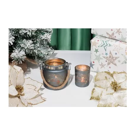 Gyertyatartó MagicHome Karácsony, szürke, tájképpel, zsinórral, 10x10 cm