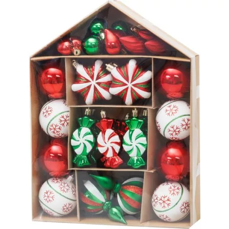 Gömb MagicHome Karácsony, szett, 32 db, piros-zöld-fehér, mix, karácsonyfára