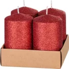 Gyertya MagicHome Karácsony, 4,8x8 cm, hengeres, csomag 4 db, piros, csillámokkal, adventi