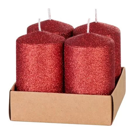 Gyertya MagicHome Karácsony, 4,8x8 cm, hengeres, csomag 4 db, piros, csillámokkal, adventi