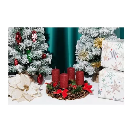 Gyertya MagicHome Karácsony, 4,8x8 cm, hengeres, csomag 4 db, piros, csillámokkal, adventi