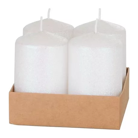 Gyertya MagicHome Karácsony, 4,8x8 cm, hengeres, csomag 4 db, fehér, csillámokkal, adventi