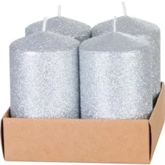   Gyertya MagicHome Karácsony, 4,8x8 cm, hengeres, csomag 4 db, ezüst, csillámokkal, adventi