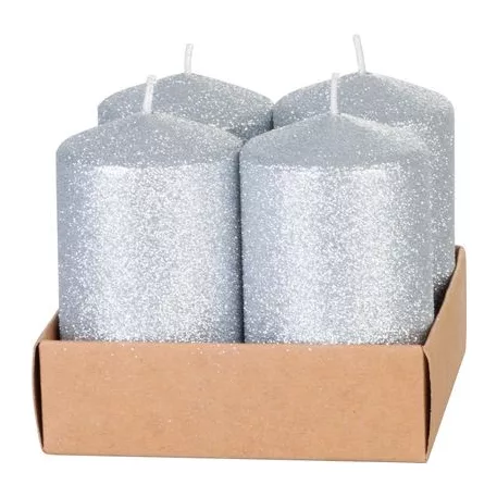 Gyertya MagicHome Karácsony, 4,8x8 cm, hengeres, csomag 4 db, ezüst, csillámokkal, adventi