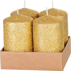   Gyertya MagicHome Karácsony, 4,8x8 cm, hengeres, csomag 4 db, arany, csillámokkal, adventi