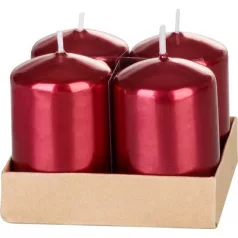   Gyertya MagicHome Karácsony, 4x6 cm, hengeres, csomag 4 db, piros, metál hatású, adventi