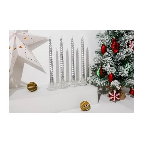 Gyertya MagicHome Karácsony, 25 cm, csomag 4 db, ezüst, spirál, csavart