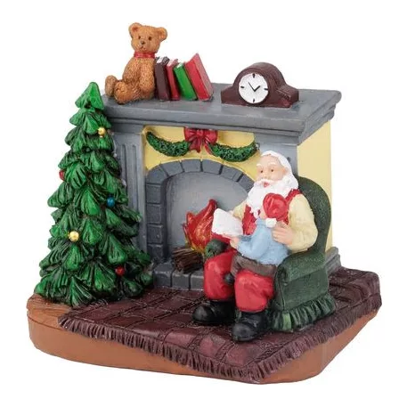 MagicHome karácsonyi dekoráció, Mikulás gyerekkel a kandalló mellett, LED, belső, 10,5x8x9 cm, eladó