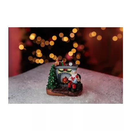 MagicHome karácsonyi dekoráció, Mikulás gyerekkel a kandalló mellett, LED, belső, 10,5x8x9 cm, eladó