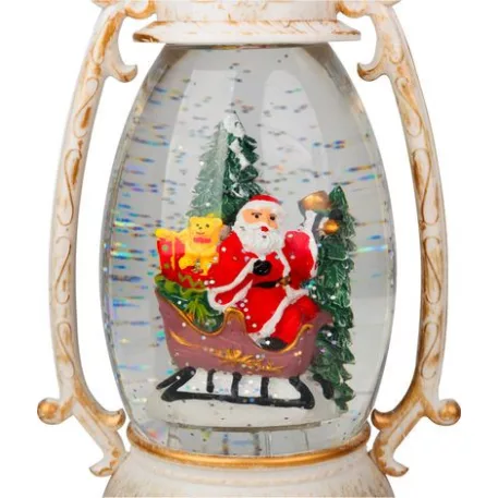 Lámpás MagicHome Karácsony Retro, LED meleg fehér, Mikulással a szánon, csillámokkal, fehér, 3xAA, m