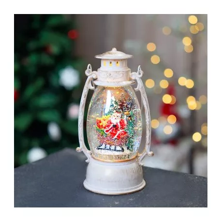 Lámpás MagicHome Karácsony Retro, LED meleg fehér, Mikulással a szánon, csillámokkal, fehér, 3xAA, m