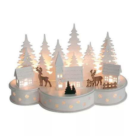 Dekoráció MagicHome Karácsony, Falu szarvasokkal, 10 LED meleg fehér, 2xAA, MDF, 30x14x19,5 cm