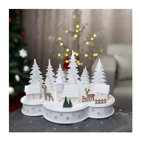 Dekoráció MagicHome Karácsony, Falu szarvasokkal, 10 LED meleg fehér, 2xAA, MDF, 30x14x19,5 cm