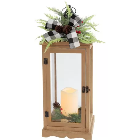 Dekoráció MagicHome Karácsony, Lámpás fenyővel és masnival, 1 LED, 3xAAA, láng effektus, időzítő, fa