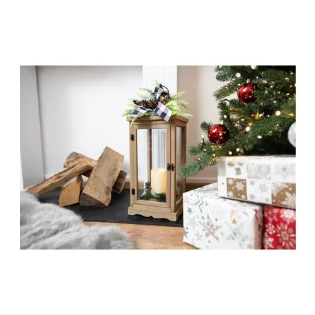 Dekoráció MagicHome Karácsony, Lámpás fenyővel és masnival, 1 LED, 3xAAA, láng effektus, időzítő, fa