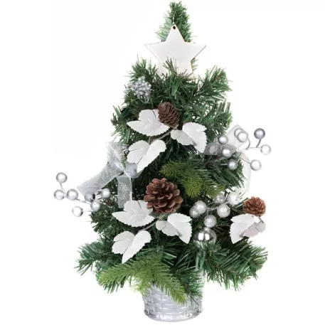 Fácska MagicHome Karácsony, díszített, ezüst, levelekkel, 40 cm