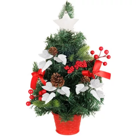 Fácska MagicHome Karácsony, díszített, piros, levelekkel, 40 cm