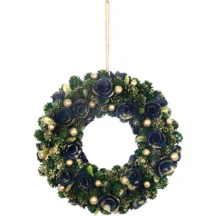  MagicHome karácsonyi koszorú, függő, zöld-kék-arany, 29 cm