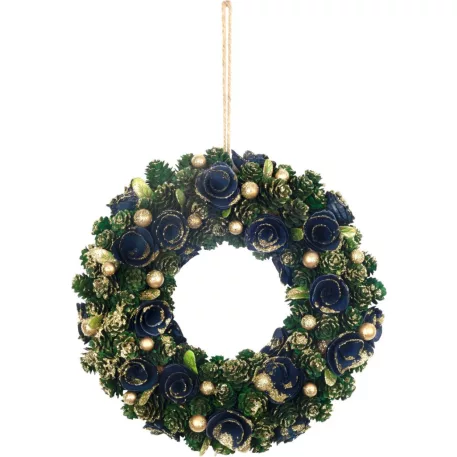 MagicHome karácsonyi koszorú, függő, zöld-kék-arany, 29 cm